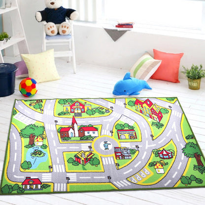 Funky Road Pattern Rug with Building Green and Grey Kids Rug Polyester Pet Friendly Washable Non-Slip Area Rug for Decoration