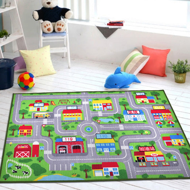 Funky Road Pattern Rug with Building Green and Grey Kids Rug Polyester Pet Friendly Washable Non-Slip Area Rug for Decoration