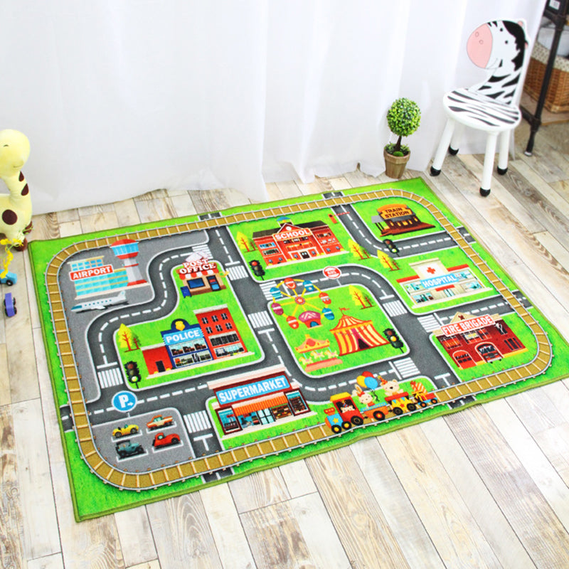 Funky Road Pattern Rug with Building Green and Grey Kids Rug Polyester Pet Friendly Washable Non-Slip Area Rug - view 8