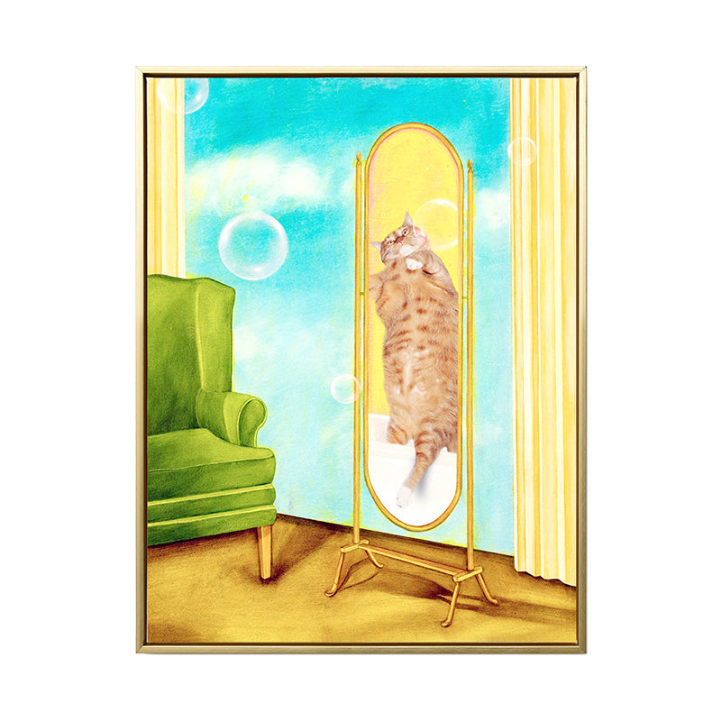 Cat in the Mirror Canvas House Interior Animal Wall Art Decor in Yellow, Textured - Clearhalo - 'Arts' - 'Canvas Art' - 1858835