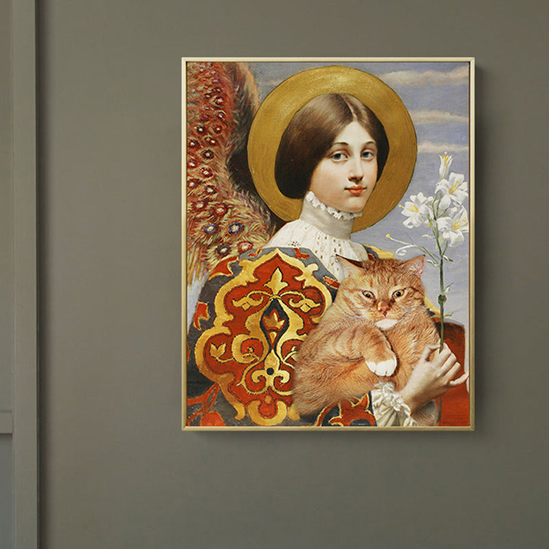 Funky Kids Canvas with Lady and Her Chubby Cat Painting Yellow Wall Art for Home - view 4