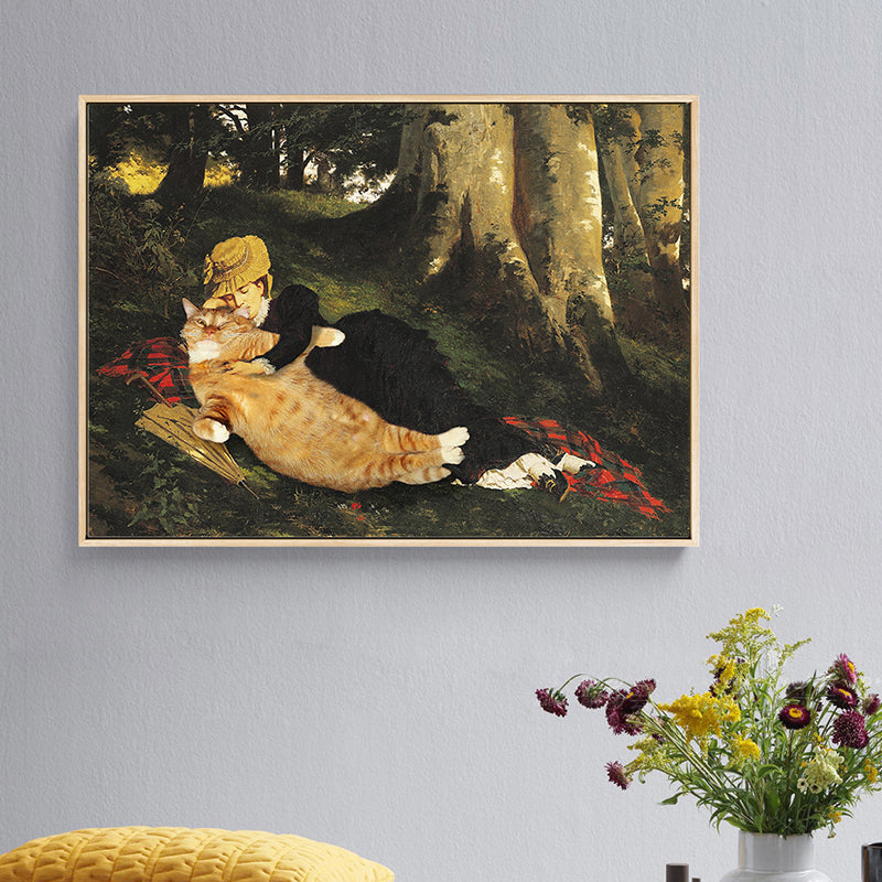 Animal Canvas Wall Art Funky Spoof Girl and Cat in the Forest Painting in Brown for Room - Brown - Clearhalo - 'Arts' - 'Canvas Art' - 1860085
