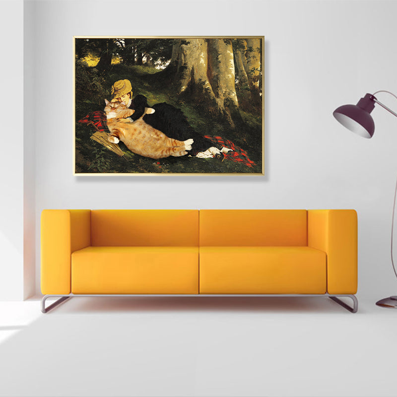 Animal Canvas Wall Art Funky Spoof Girl and Cat in the Forest Painting in Brown for Room - Clearhalo - 'Arts' - 'Canvas Art' - 1860087