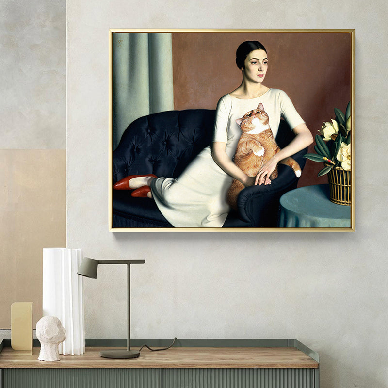 White Funky Canvas Art Painting Print Woman and Cat on the Sofa Wall Decor for House Interior White Clearhalo 'Arts' 'Canvas Art' 1861294