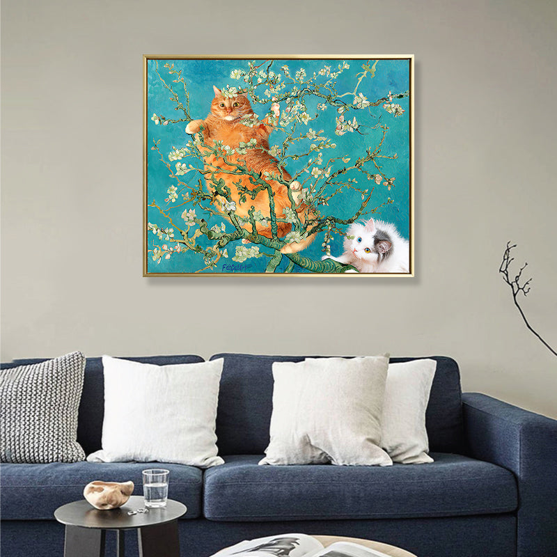 Yellow Cat in Branch Canvas Art Nordic Style Textured Girls Bedroom Wall Decor in Blue - view 4