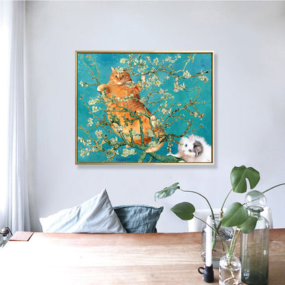 Yellow Cat in Branch Canvas Art Nordic Style Textured Girls Bedroom Wall Decor in Blue