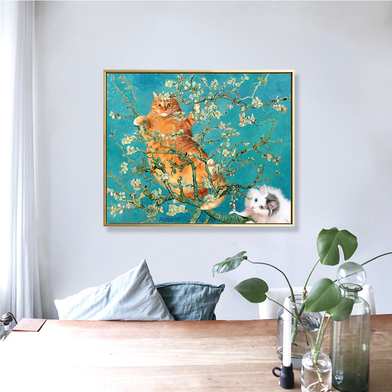 Yellow Cat in Branch Canvas Art Nordic Style Textured Girls Bedroom Wall Decor in Blue - view 2