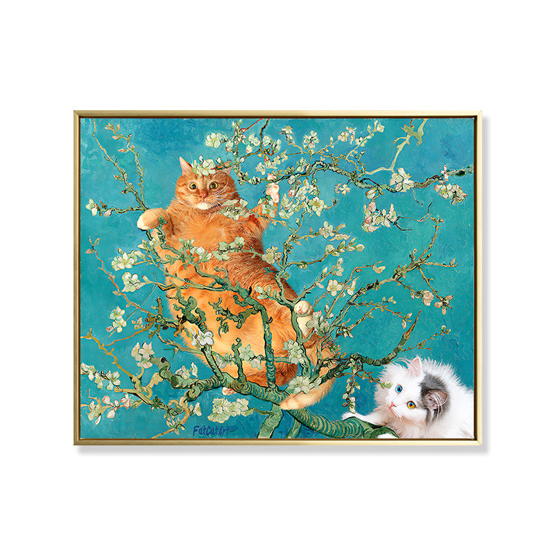 Yellow Cat in Branch Canvas Art Nordic Style Textured Girls Bedroom Wall Decor in Blue - view 3