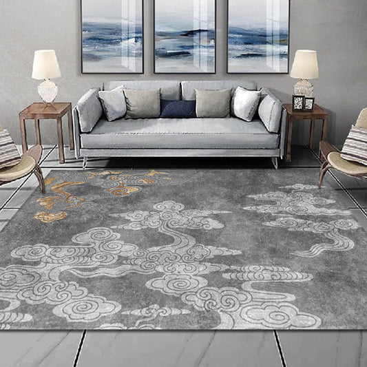 Oriental Living Room Rug Grey Cloud Pattern Rug Synthetics Washable Non-Slip Pet Friendly Carpet