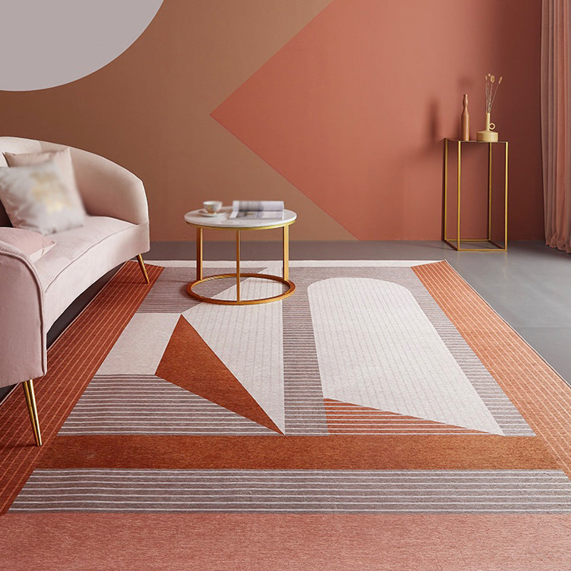 Orange Living Room Rug Modernist Striped Pattern Rug Chenille Washable Anti-Slip Backing Pet Friendly Carpet