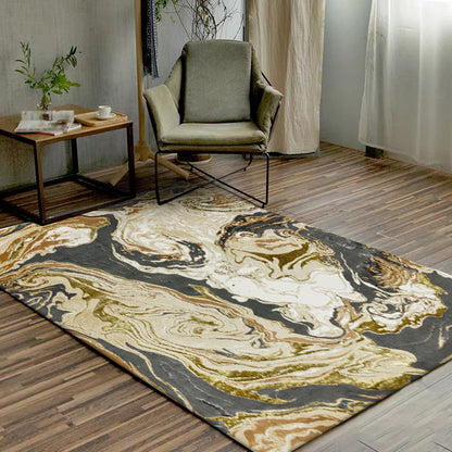 Gold Abstract Area Rug Polyester Contemporary Rug Washable Anti-Slip Backing Rug for Decoration