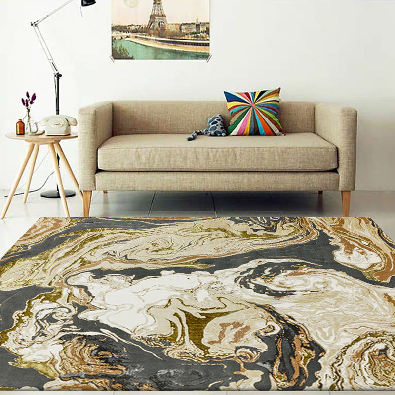 Gold Abstract Area Rug Polyester Contemporary Rug Washable Anti-Slip Backing Rug for Decoration