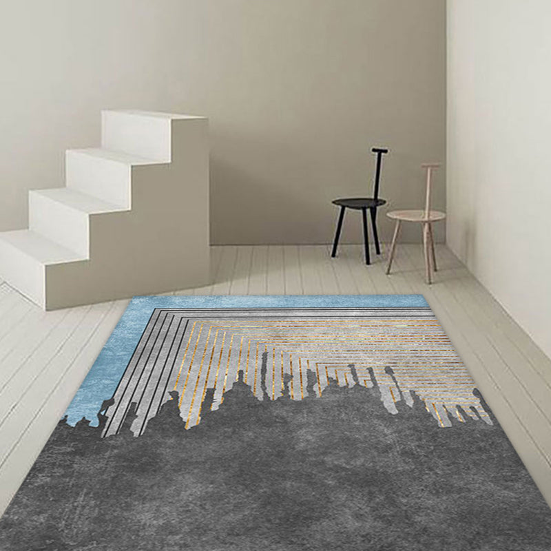 Grey Geometrical Pattern Area Rug with Stripe Synthetics Modernist Rug Washable Anti-Slip Backing Rug for Parl