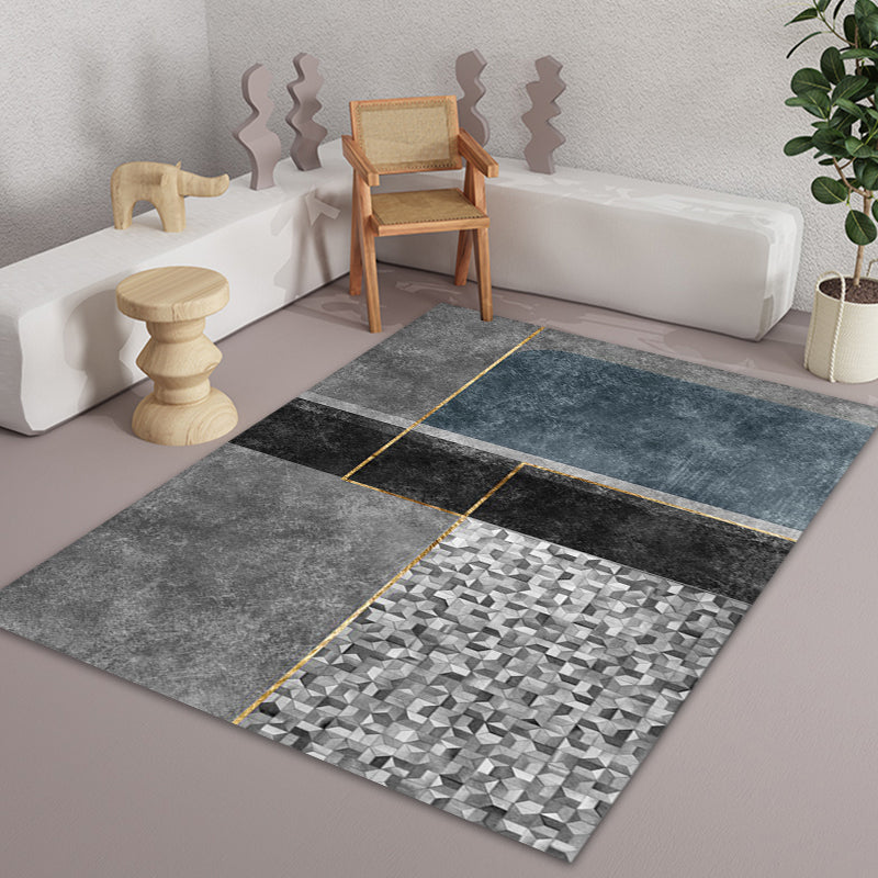 Grey Geometrical Pattern Area Rug with Stripe Synthetics Modernist Rug Washable Anti-Slip Backing Rug for Parl - view 5
