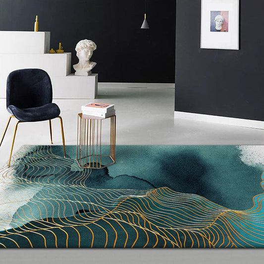 Creative Green Industrial Rug Polyester Abstract Swirl Striped Pattern Carpet Washable Non-Slip Backing Pet Friendly Rug for Decoration