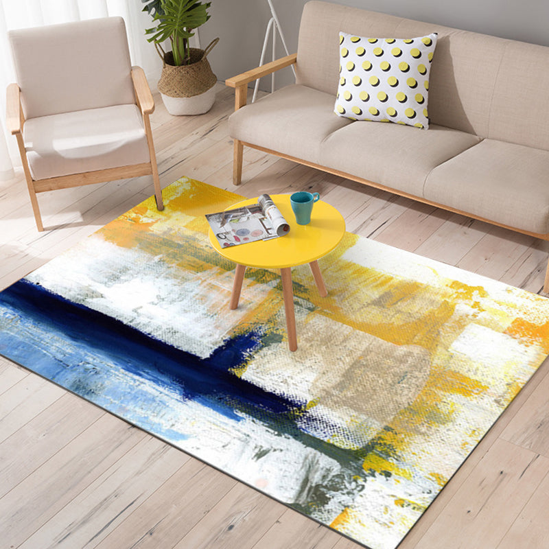 Yellow Parlour Rug Industrial Brushstroke Painting Pattern Rug Polyester Machine Washable Non-Slip Backing Car - view 2
