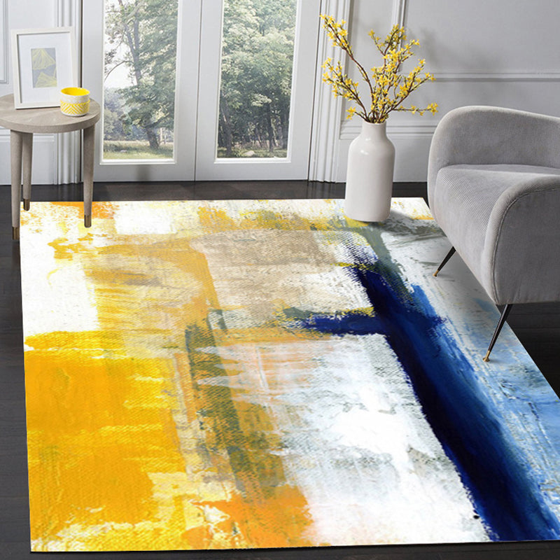 Yellow Parlour Rug Industrial Brushstroke Painting Pattern Rug Polyester Machine Washable Non-Slip Backing Car