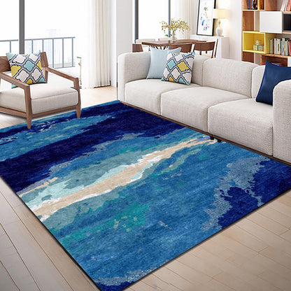 Contemporary Sitting Room Rug Blue Abstract Rug Polyester Washable Non-Slip Pet Friendly Area Rug