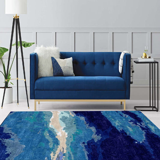 Contemporary Sitting Room Rug Blue Abstract Rug Polyester Washable Non-Slip Pet Friendly Area Rug