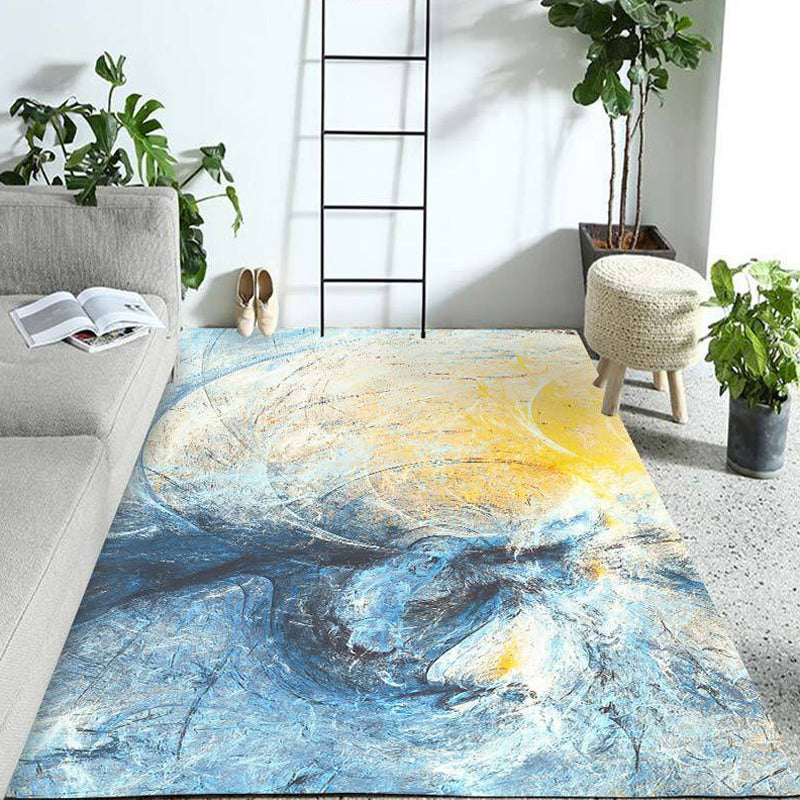 Contemporary Parlour Rug Blue Watercolor Pattern Rug Polyester Machine Washable Non-Slip Pet Friendly Area Rug