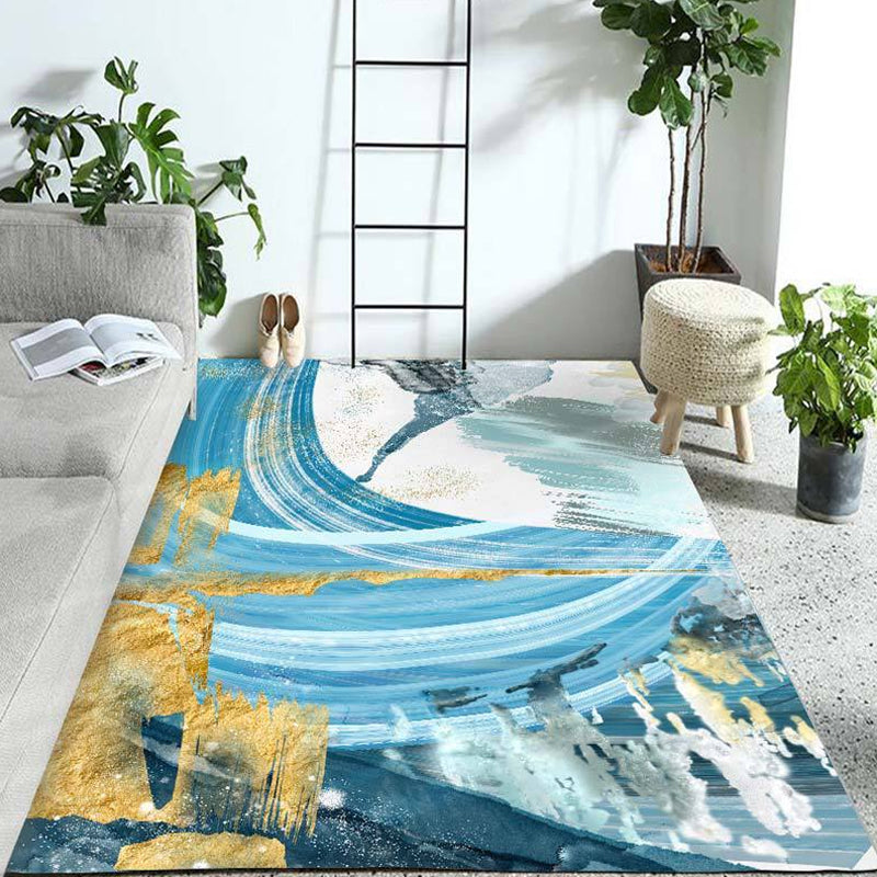 Contemporary Parlour Rug Blue Watercolor Pattern Rug Polyester Machine Washable Non-Slip Pet Friendly Area Rug