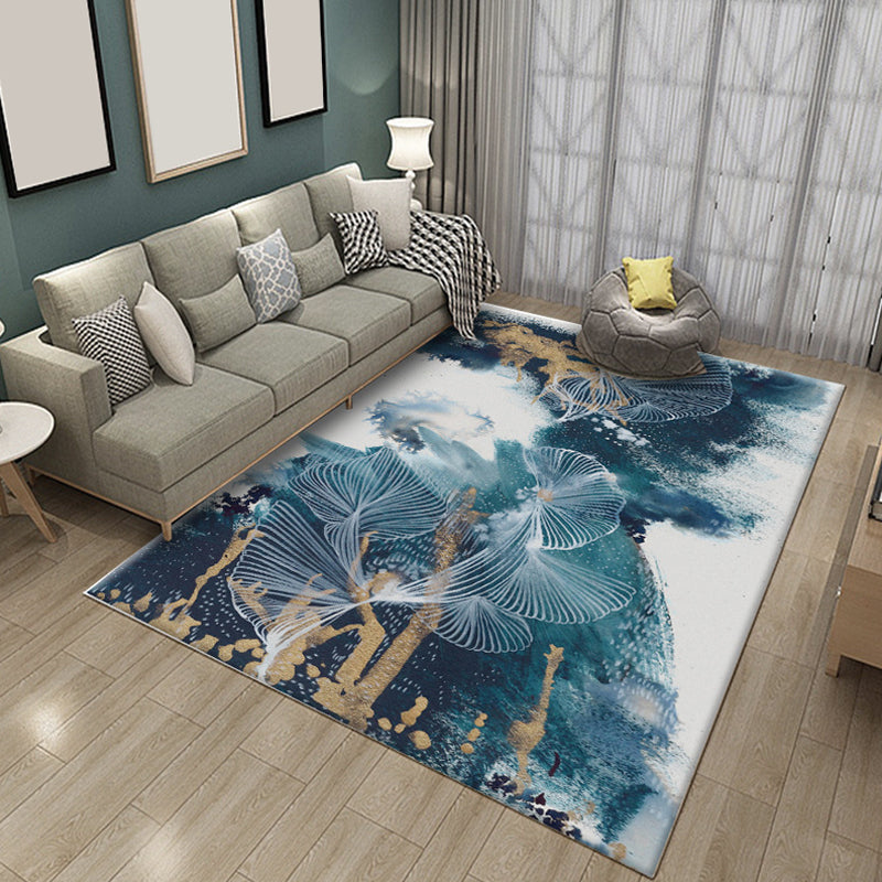 Contemporary Parlour Rug Blue Watercolor Pattern Rug Polyester Machine Washable Non-Slip Pet Friendly Area Rug