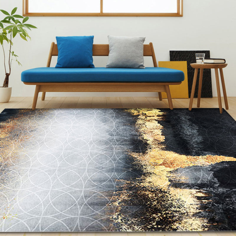 Funky Abstract Rug Black and Gold Industrial Rug Polyester Non-Slip Washable Pet Friendly Area Carpet for Living Room