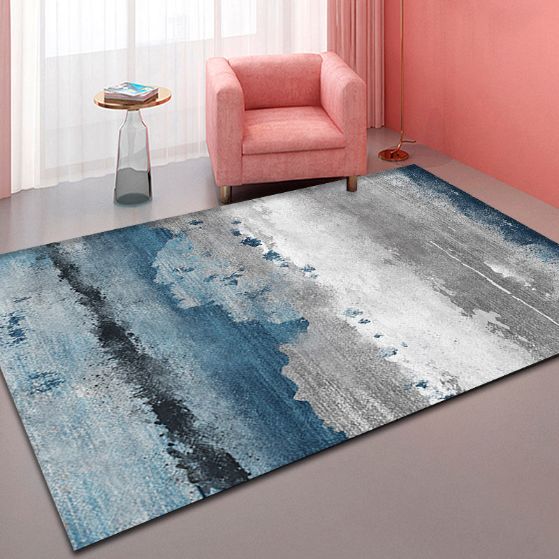 Industrial Style Abstract Rug Blue and Grey Polyester Carpet Non-Slip Backing Area Rug for Sitting Room