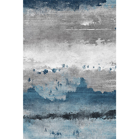 Industrial Style Abstract Rug Blue and Grey Polyester Carpet Non-Slip Backing Area Rug for Sitting Room