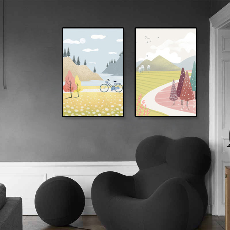 Yellow Spring Scenery Canvas Art Landscape Nordic Textured Wall Decor for Bedroom - view 2