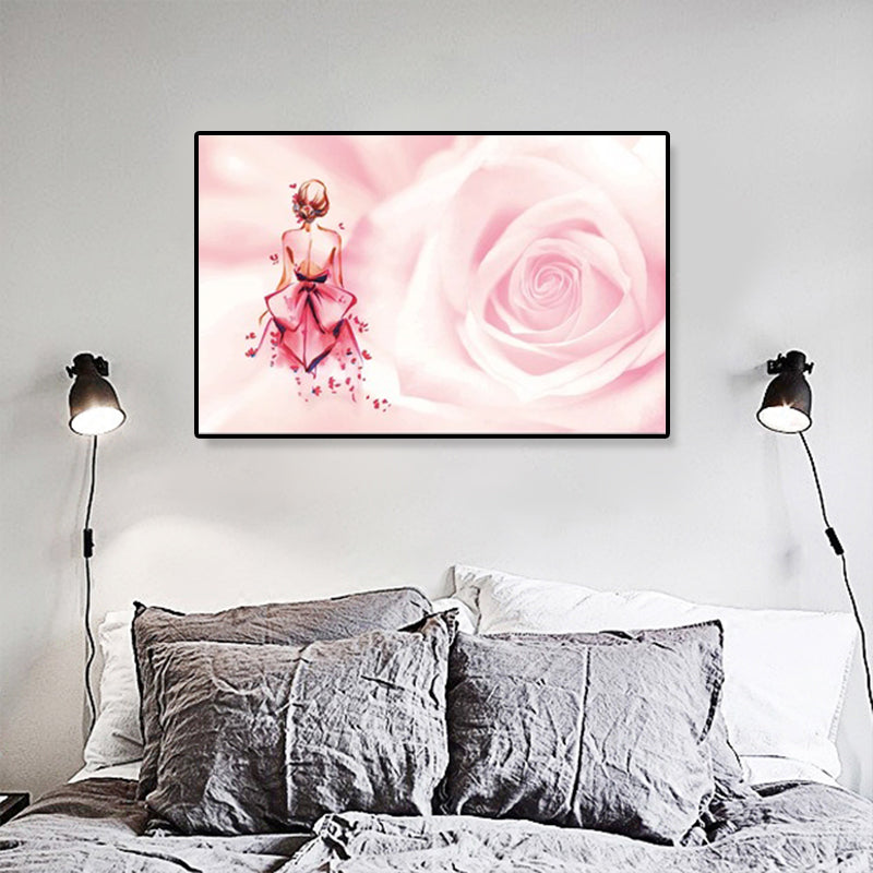 Rose and Ballerina Canvas Glam Trendy Fashion Wall Art Decor in Pink for Bedroom Pink 16" x 24" Clearhalo 'Arts' 'Canvas Art' 1899617