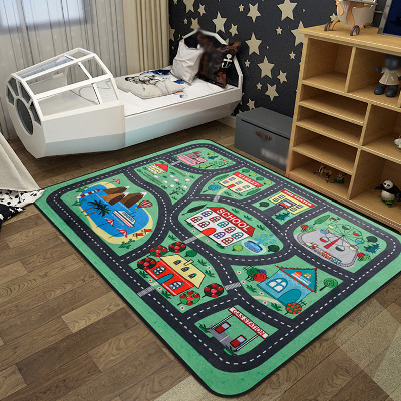 Cartoon Railway Area Rug Multi Color Polypropylene Carpet Pet Friendly Anti-Slip Rug for Kids