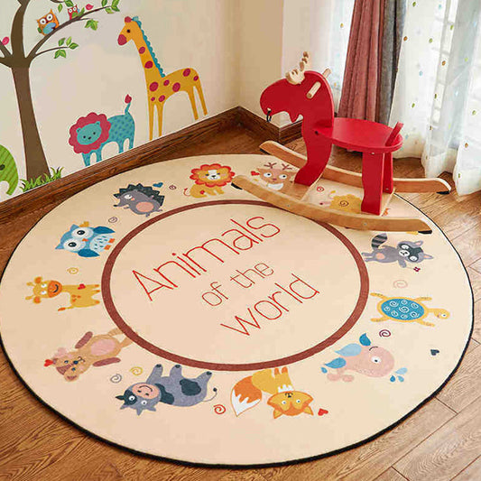 Cute Animal Patterned Rug Pastel Kids Style Carpet Polyester Non-Slip Rug for Childrens Room