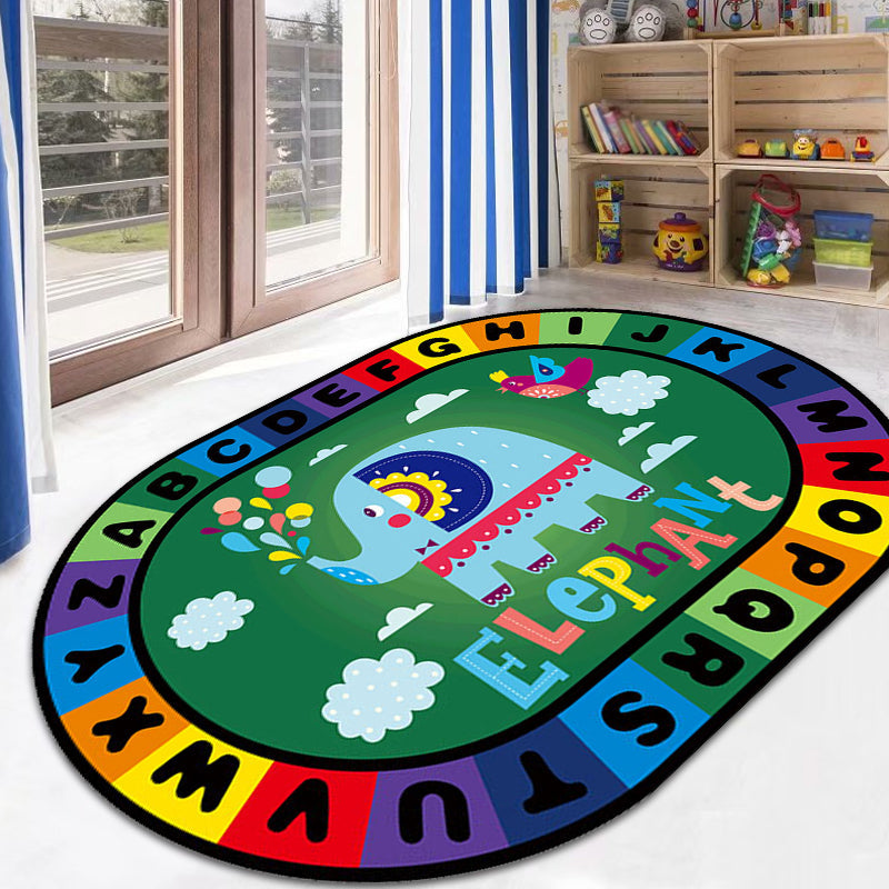 Stylish Letters and Animal Rug Multi Colored Cartoon Carpet Synthetics Anti-Slip Educational Rug Blue Clearhalo 'Area Rug' 'Rug' 1927557