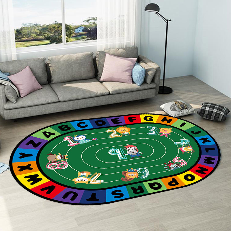 Stylish Letters and Animal Rug Multi Colored Cartoon Carpet Synthetics Anti-Slip Educational Rug Green Clearhalo 'Area Rug' 'Rug' 1927565