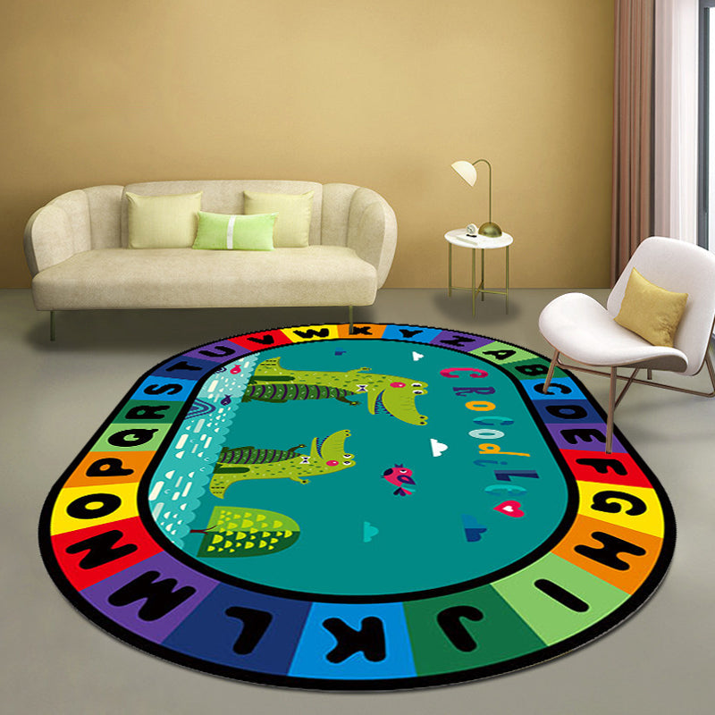 Stylish Letters and Animal Rug Multi Colored Cartoon Carpet Synthetics Anti-Slip Educational Rug Dark Green Clearhalo 'Area Rug' 'Rug' 1927568