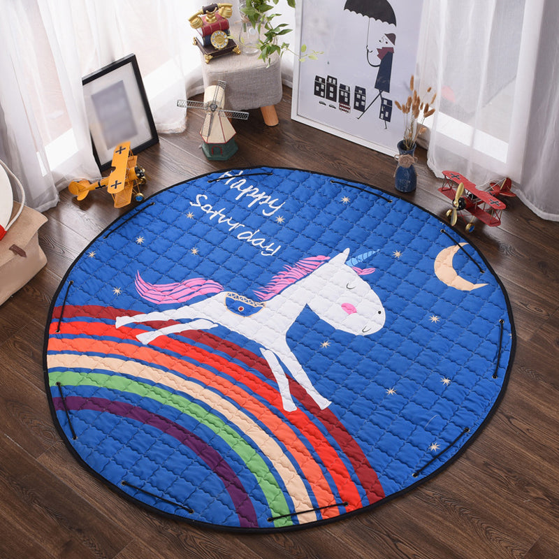 Kids Animal Area Rug Multicolor Cotton Carpet Stain-Proof Pet Friendly Rug for Child Bedroom - Dark Blue - 4'11" x 4'11" - Clearhalo - 'Area Rug' - 'Rug' - 1927751