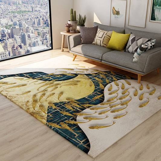 Novelty Dark Color Chinoiserie Rug Polypropylene Shoal of Fishes Pattern Carpet Anti-Slip Rug for Home Decoration