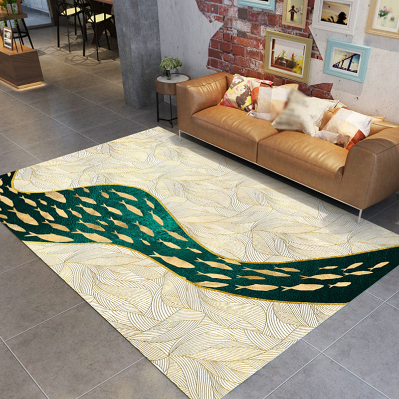 Dark Leaf Print Rug with River Cluster Fishes Polyester Asian Style Carpet Stain Resistant Rug for Living Room