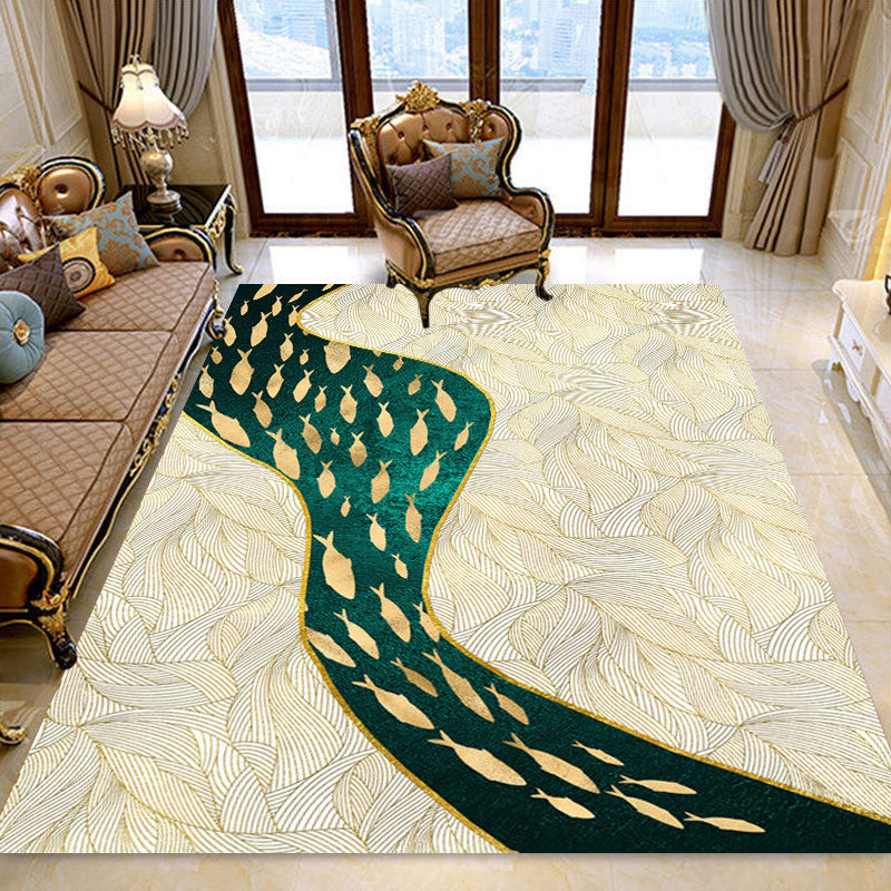 Dark Leaf Print Rug with River Cluster Fishes Polyester Asian Style Carpet Stain Resistant Rug for Living Room