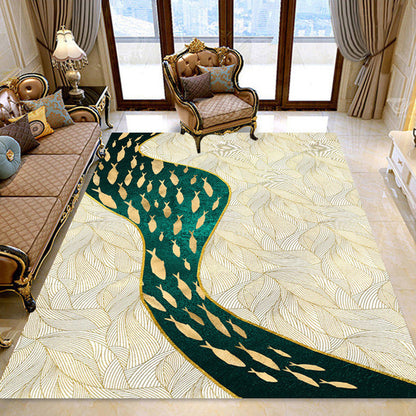 Dark Leaf Print Rug with River Cluster Fishes Polyester Asian Style Carpet Stain Resistant Rug for Living Room