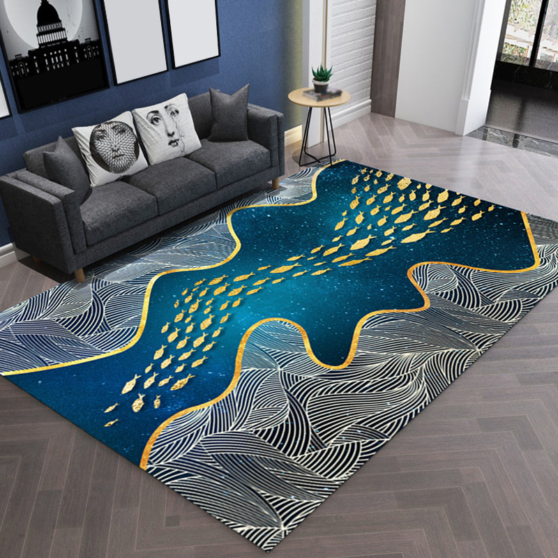 Dark Leaf Print Rug with River Cluster Fishes Polyester Asian Style Carpet Stain Resistant Rug for Living Room