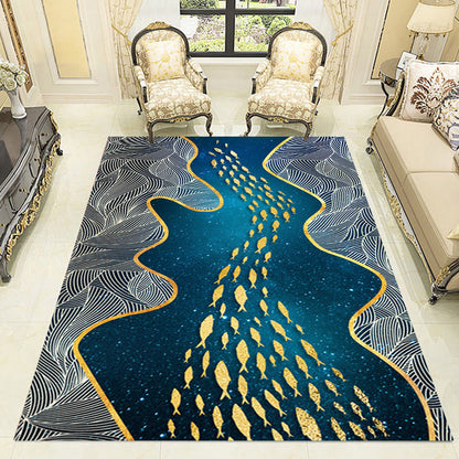 Dark Leaf Print Rug with River Cluster Fishes Polyester Asian Style Carpet Stain Resistant Rug for Living Room