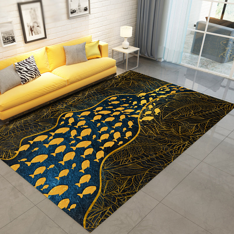 Dark Leaf Print Rug with River Cluster Fishes Polyester Asian Style Carpet Stain Resistant Rug for Living Room