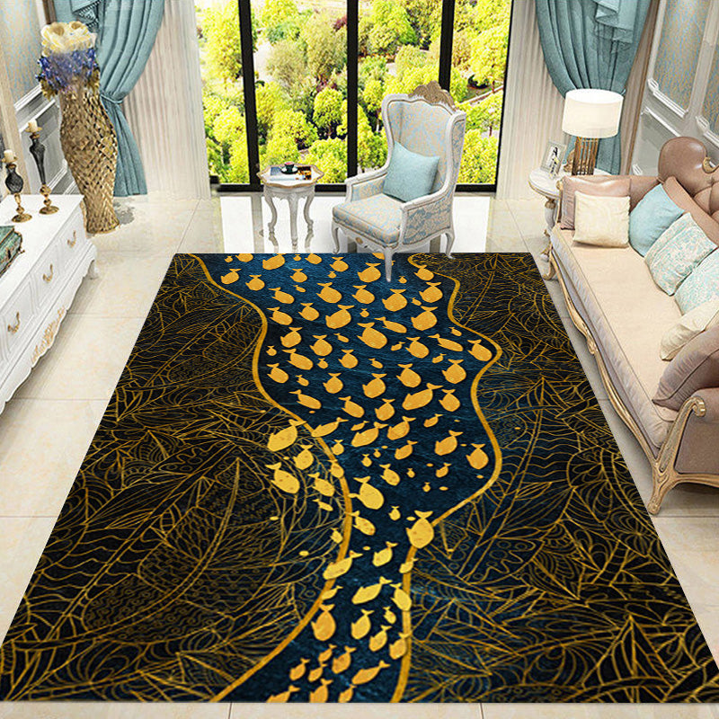 Dark Leaf Print Rug with River Cluster Fishes Polyester Asian Style Carpet Stain Resistant Rug for Living Room