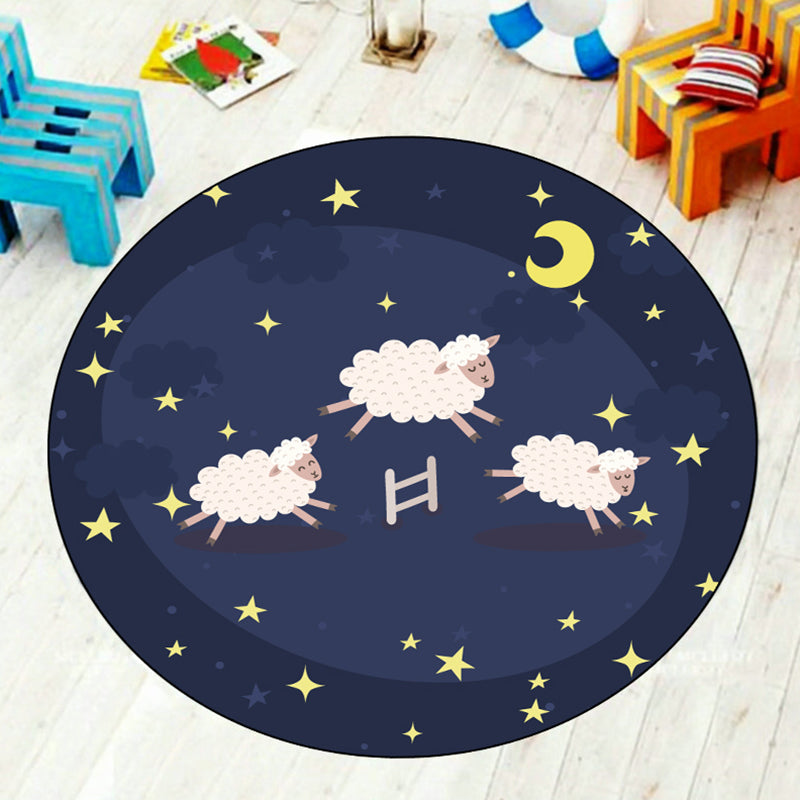 Multi-Colored Kids Room Rug Cartoon Starry Night Sky Animal Carpet Polypropylene Non-Slip Indoor Rug - Dark Blue - Clearhalo - 'Area Rug' - 'Rug' - 1932022