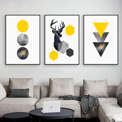 Elk and Geometric Shapes Canvas Art Yellow Nordic Wall Decor for Room (Set of 3)