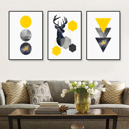 Elk and Geometric Shapes Canvas Art Yellow Nordic Wall Decor for Room (Set of 3)