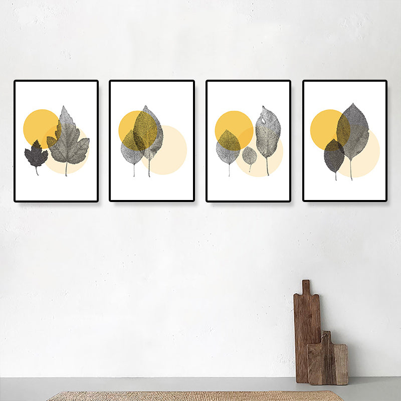 Yellow Nordic Canvas Print Illustrated Leaf with Circle Pattern Wall Art for Living Room