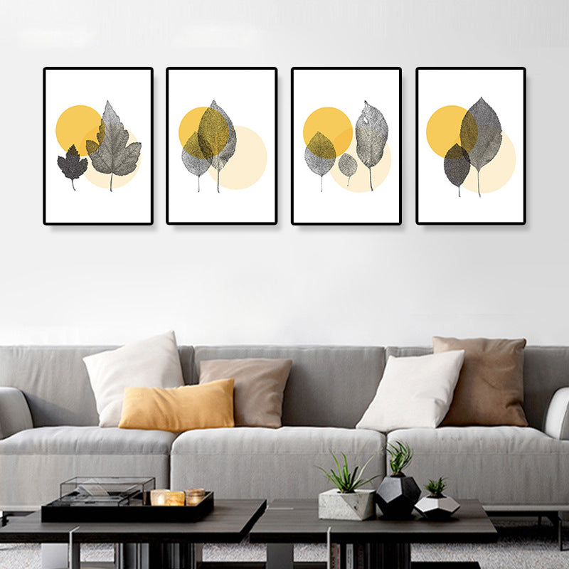 Yellow Nordic Canvas Print Illustrated Leaf with Circle Pattern Wall Art for Living Room - view 3